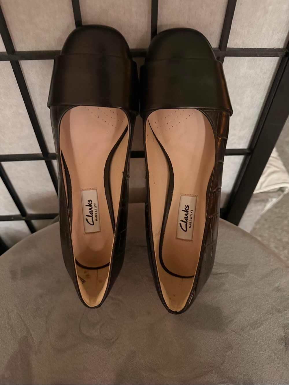 Clarks Black Leather Square-Toe Block Heel Pumps